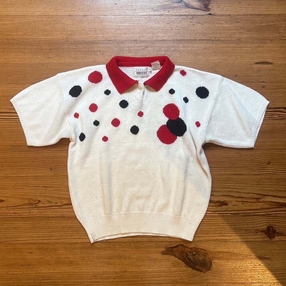 VTG Leslie Fay white‎ black red polka dot collar short sleeve sweater SIZE M